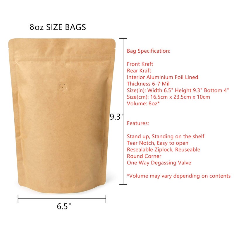 EverPack 50 Counts High Barrier Natural Kraft Paper Stand up Zipper Coffee Pouch Bag with One Way Degassing Valve (50, 8 OZ/0.5 LB/224-250 Gram) - Image 2